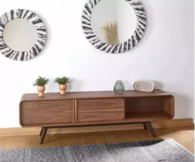 Meuble TV Ketch porte coulissante placage noyer massif