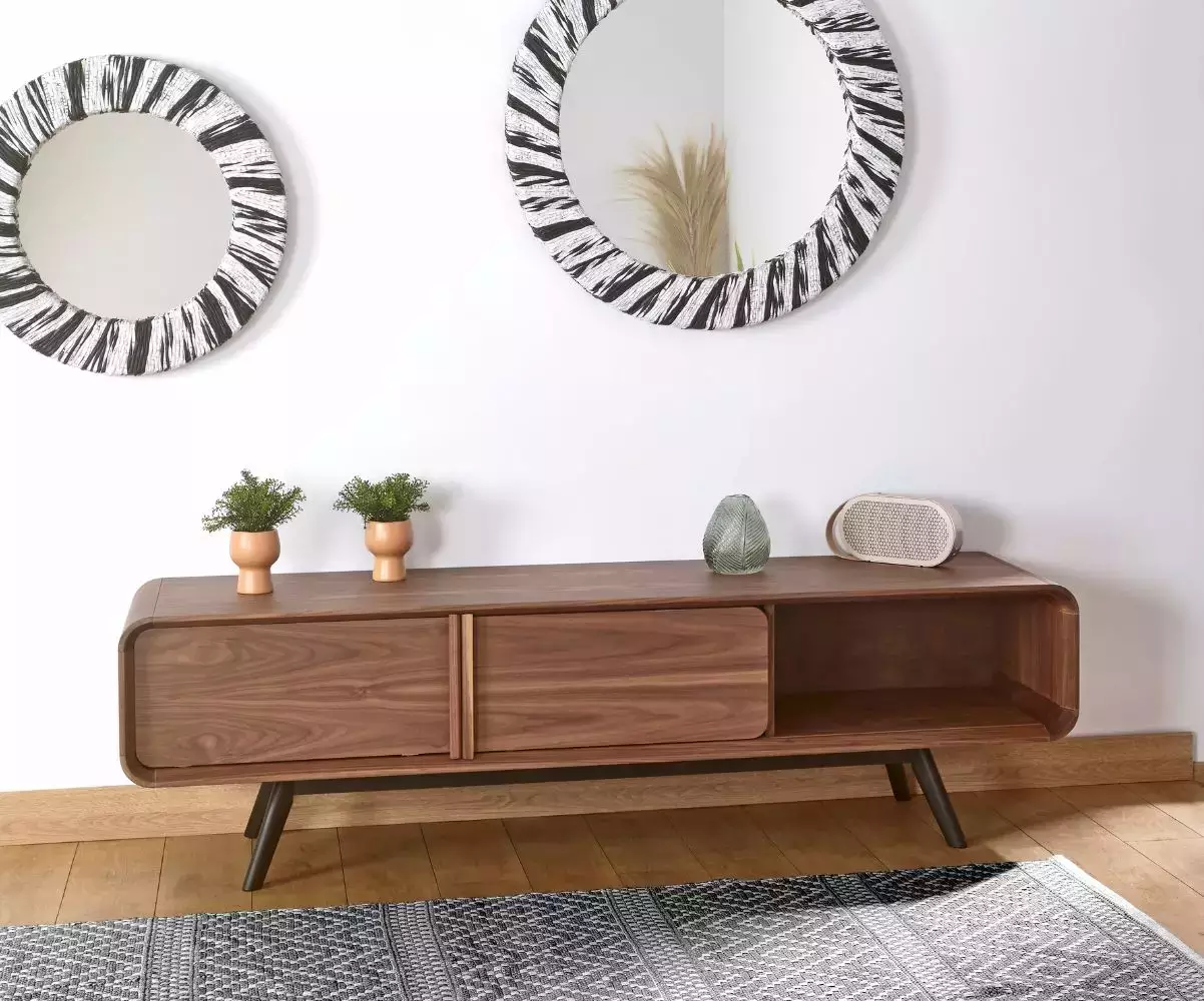 Meuble TV Ketch porte coulissante placage noyer massif Meuble TV Ketch porte coulissante placage noyer massif