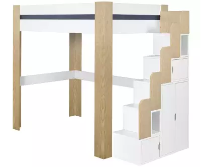Lit mezzanine Paros blanc et bois avec escalier