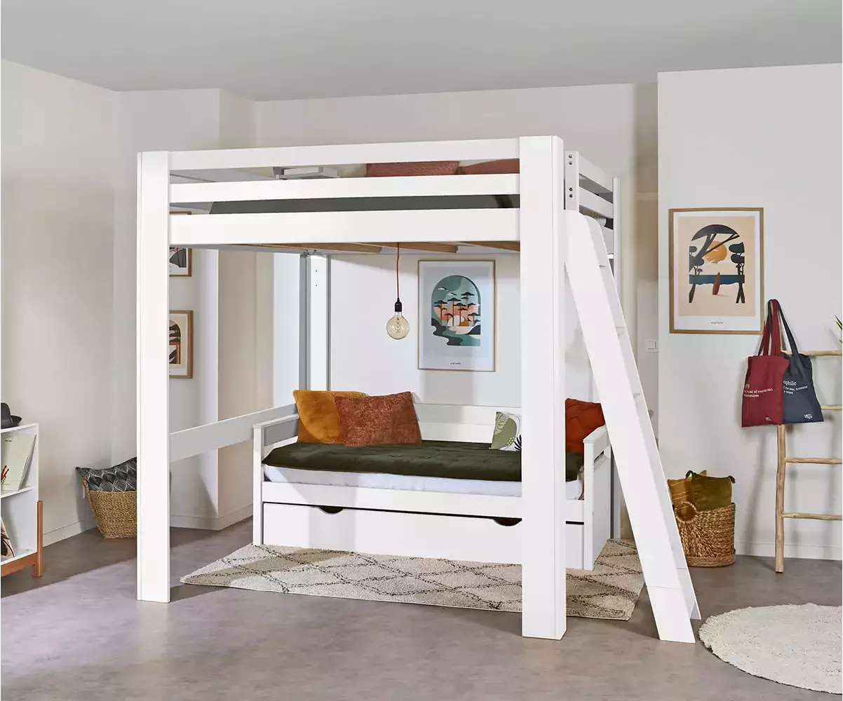 Lit mezzanine blanc 200x200 cm Palomar avec banquette en option Lit mezzanine blanc 200x200 cm Palomar avec banquette en option