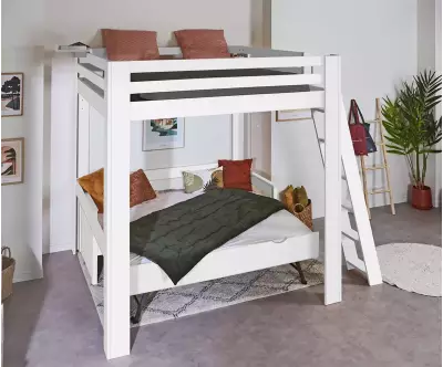 Lit mezzanine blanc 200x200 cm Palomar avec banquette Nuage ouverte en option