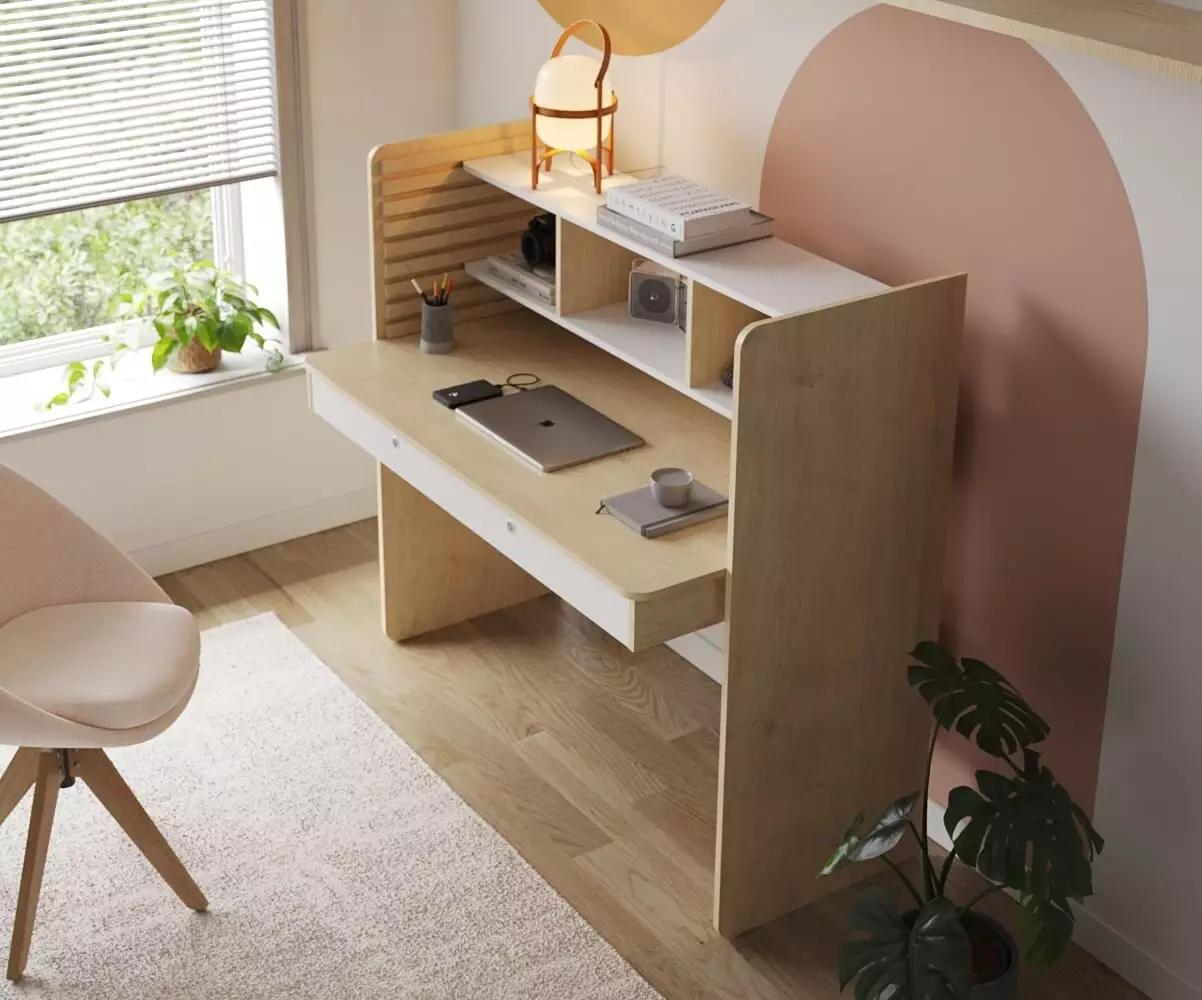 Bureau à Hauteur Réglable Duncan Bois et Blanc. Assis ou Debout Bureau à Hauteur Réglable Duncan Bois et Blanc. Assis ou Debout