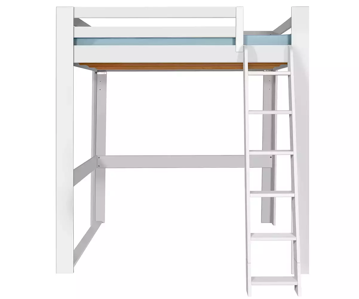 Lit mezzanine blanc 200x200 de face avec échelle à droite Lit mezzanine blanc 200x200 de face avec échelle à droite
