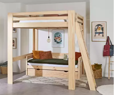 Lit mezzanine bois 200x200 cm Palomar avec banquette en option