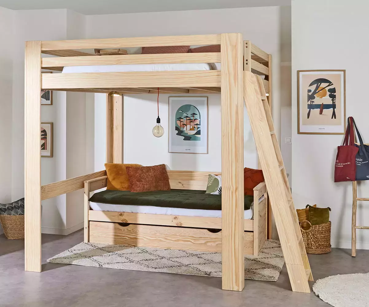 Lit mezzanine bois 200x200 cm Palomar avec banquette en option Lit mezzanine bois 200x200 cm Palomar avec banquette en option