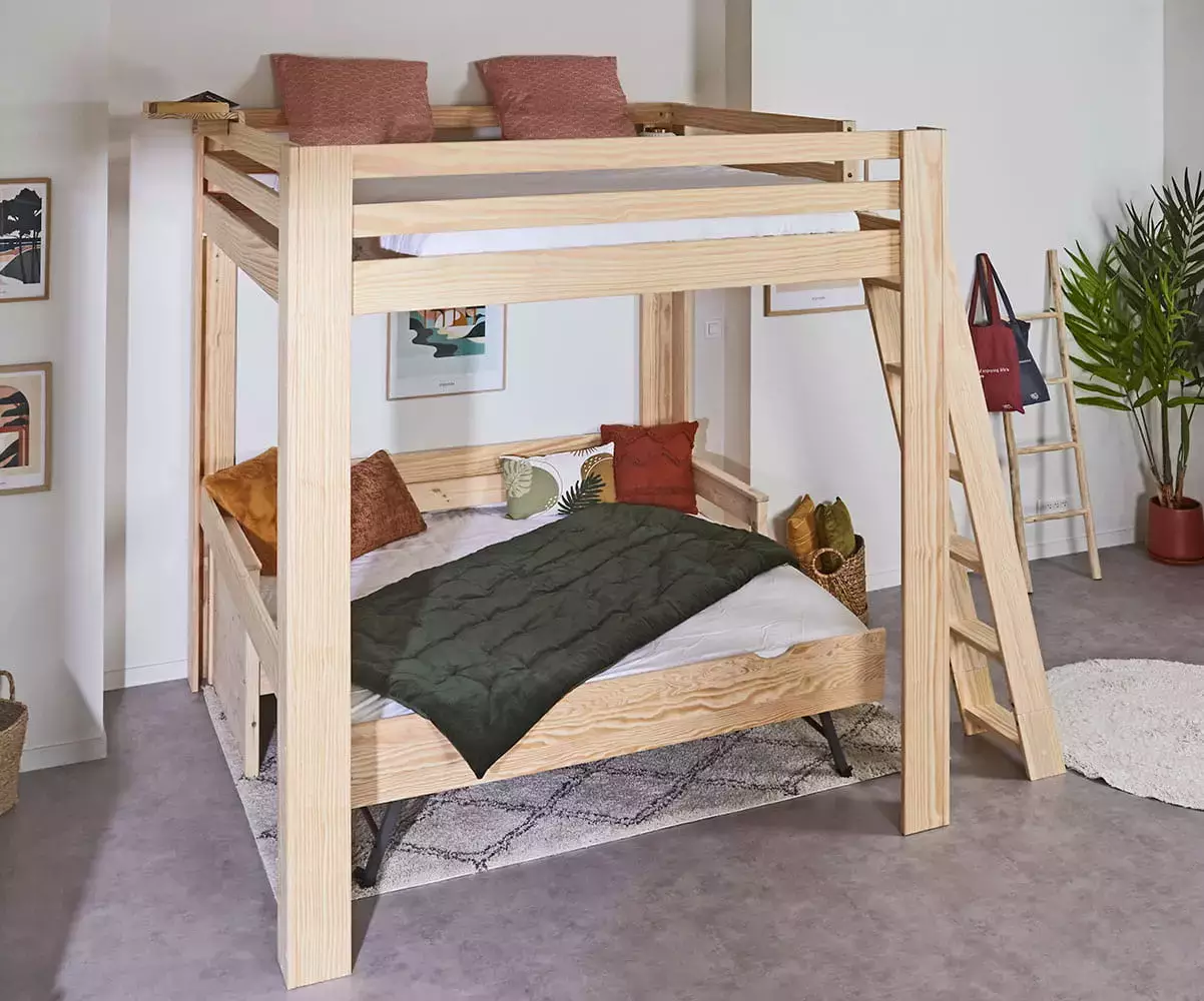 Lit mezzanine bois 200x200 cm Palomar avec banquette Nuage ouverte en option Lit mezzanine bois 200x200 cm Palomar avec banquette Nuage ouverte en option