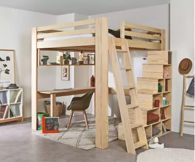 Lit mezzanine bois 200x200 cm Palomar avec escalier et rangements en option