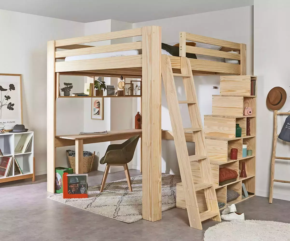 Lit mezzanine bois 200x200 cm Palomar avec escalier et rangements en option Lit mezzanine bois 200x200 cm Palomar avec escalier et rangements en option