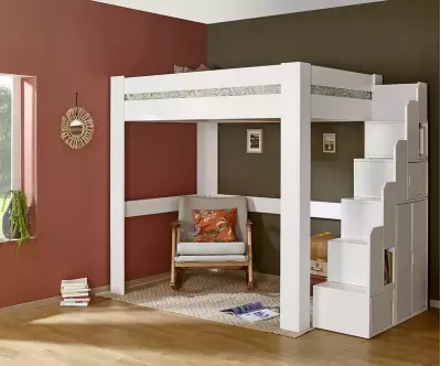 Lit mezzanine blanc avec module escalier et matelas