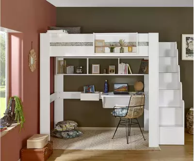 Lit mezzanine blanc avec accessoires de rangement Kirk en option