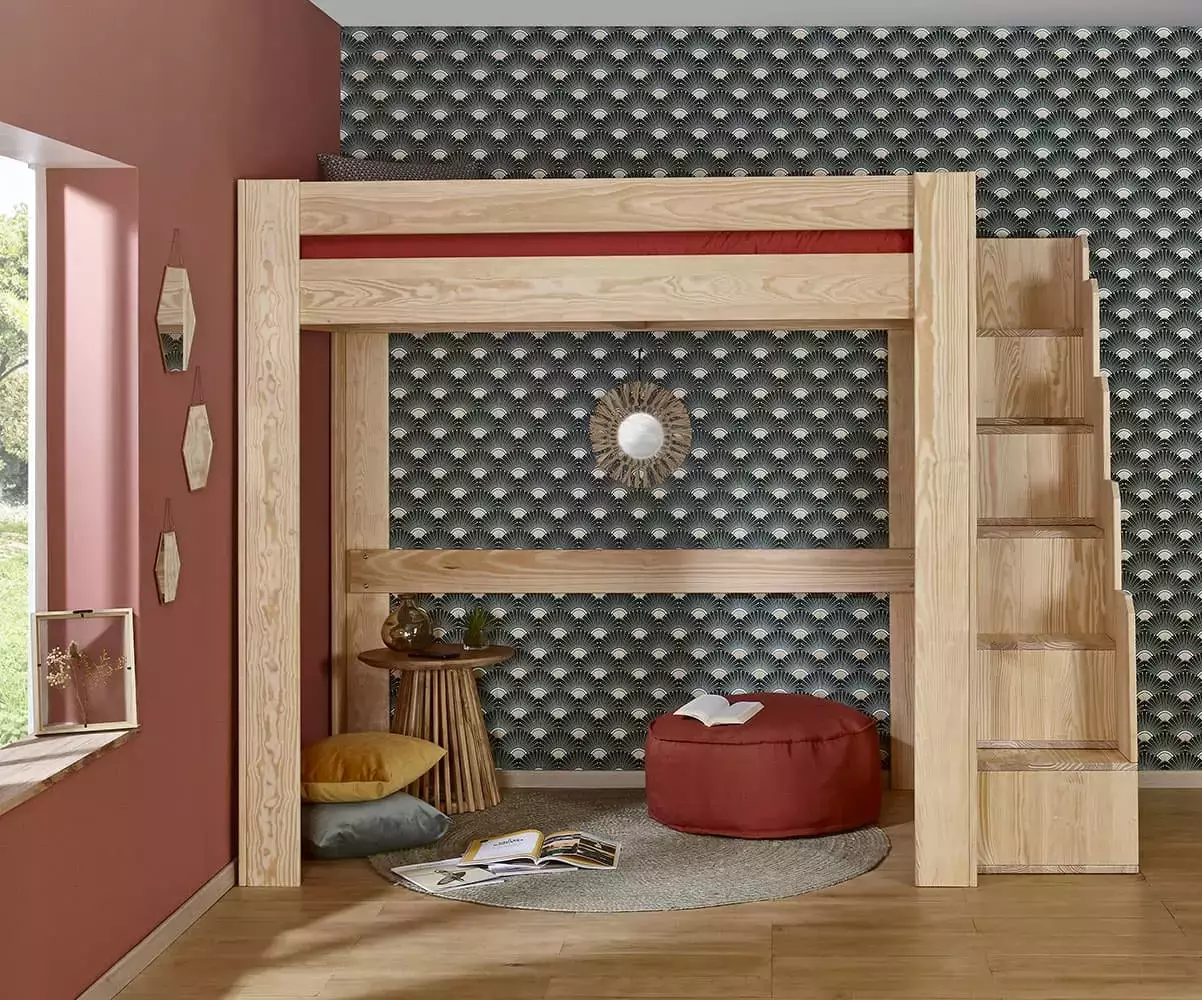 Lit mezzanine gain de place bois naturel avec matelas Lit mezzanine gain de place bois naturel avec matelas