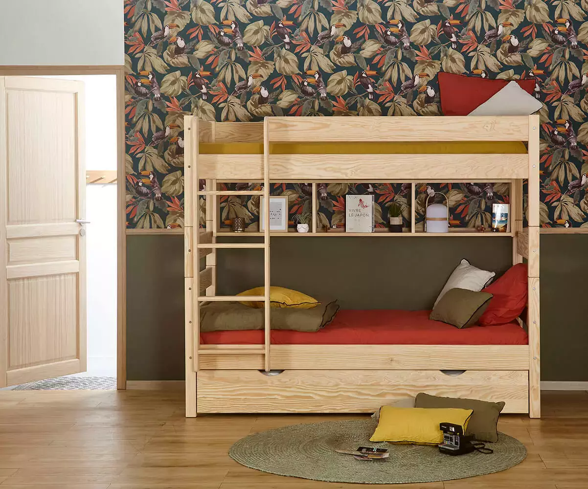 Lit superposé haut Écrin bois naturel avec 2 matelas Lit superposé haut Écrin bois naturel avec 2 matelas