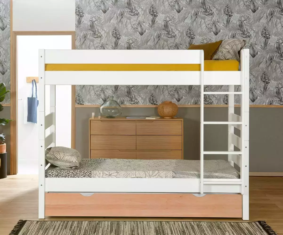 Lit superposé haut Écrin avec matelas et sommier gigogne hêtre Lit superposé haut Écrin avec matelas et sommier gigogne hêtre