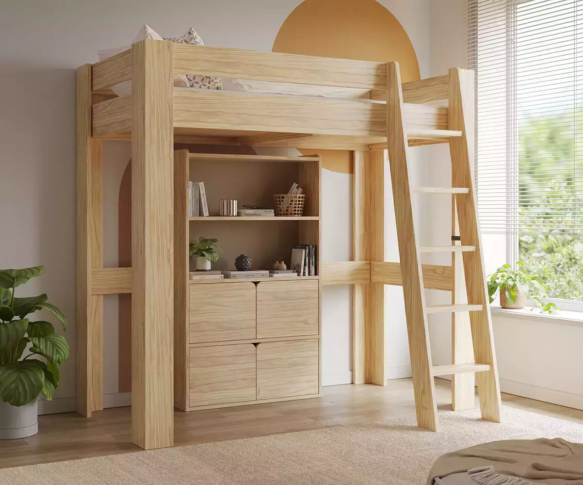 Etagère Fairview en bois massif 4 portes sous lit mezzanine