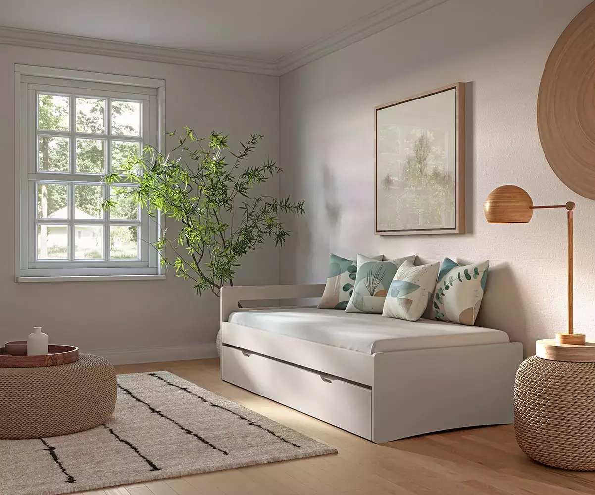 Lit gigogne adulte Lemand en bois massif coloris blanc avec matelas Lit gigogne adulte Lemand en bois massif coloris blanc avec matelas