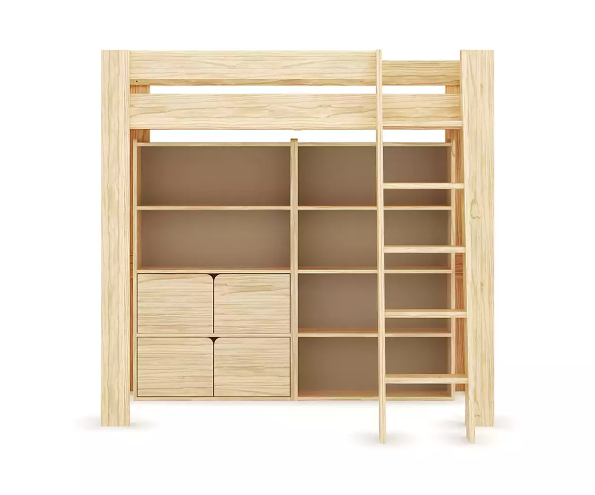 Etagères Fairview en bois naturel sous mezzanine de face