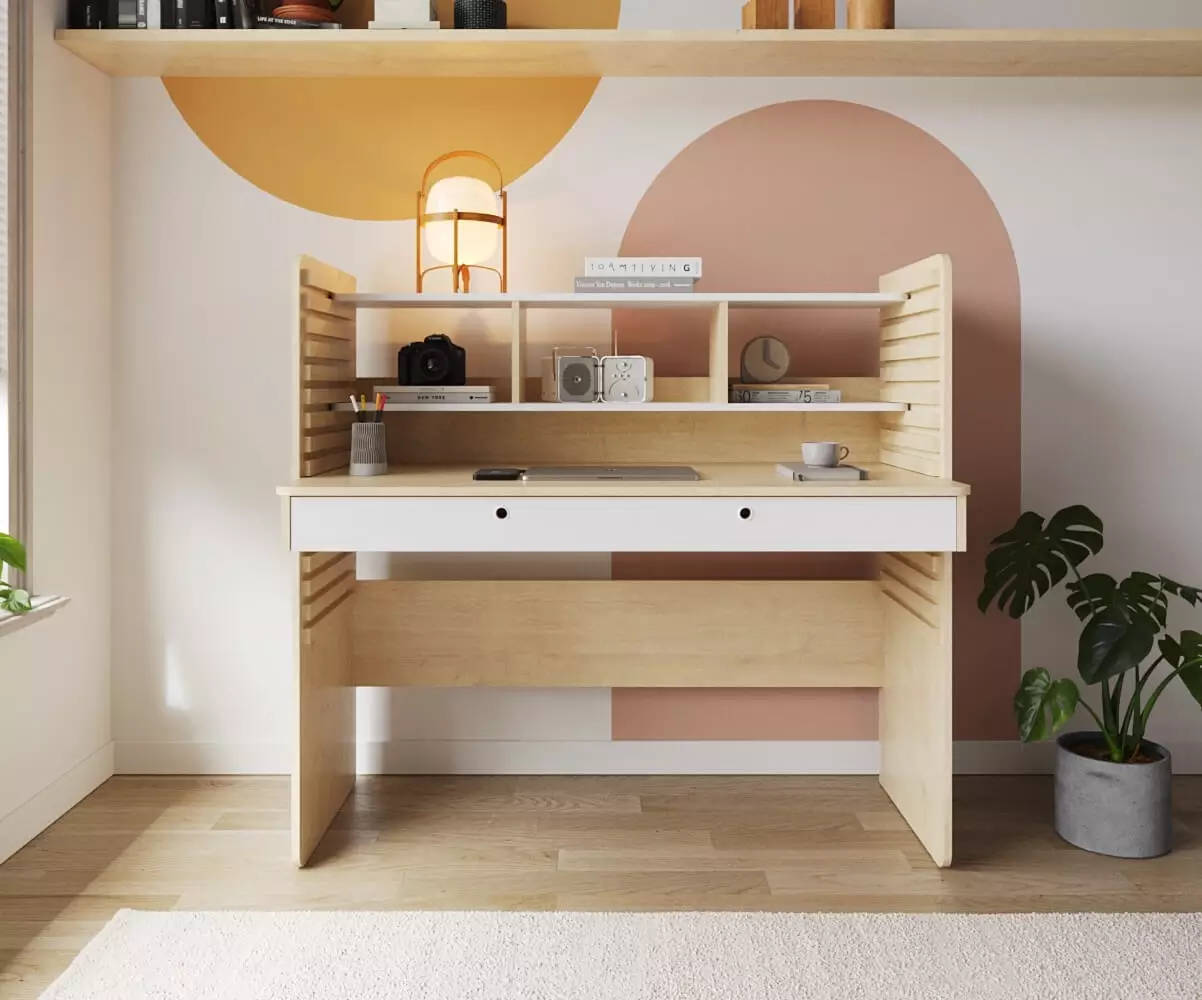 Bureau à Hauteur Réglable Duncan Bois et Blanc. Assis ou Debout Bureau à Hauteur Réglable Duncan Bois et Blanc. Assis ou Debout