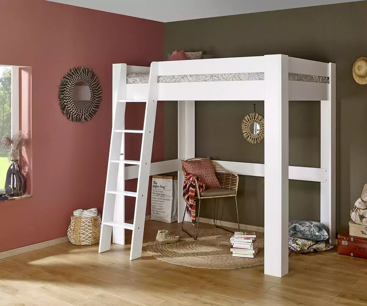 Lit mezzanine échelle Paros blanc en bois massif Lit mezzanine échelle Paros blanc en bois massif