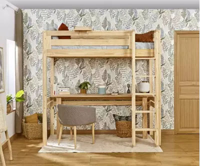 Lit mezzanine 1 place Adam bois naturel avec bureau en option