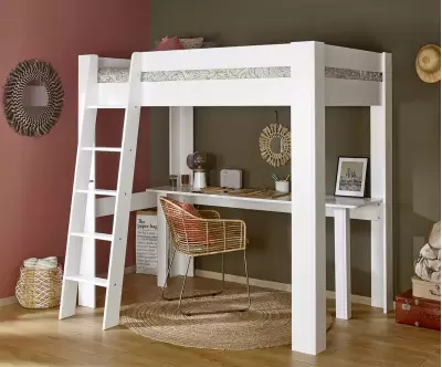 Lit mezzanine échelle Paros blanc avec bureau Milos en option