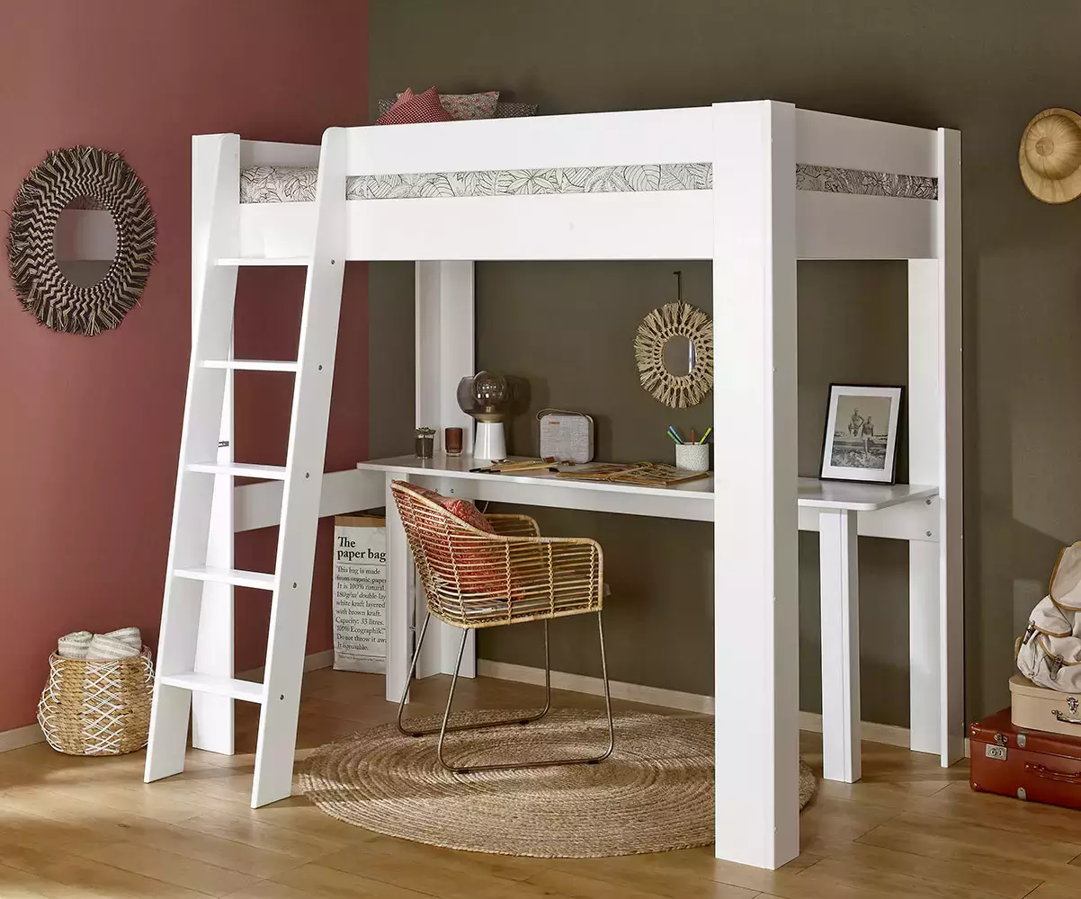 Lit mezzanine échelle Paros blanc avec bureau Milos en option Lit mezzanine échelle Paros blanc avec bureau Milos en option