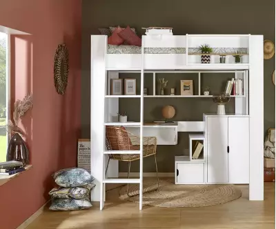 Lit mezzanine échelle Paros blanc avec accessoires Kirk