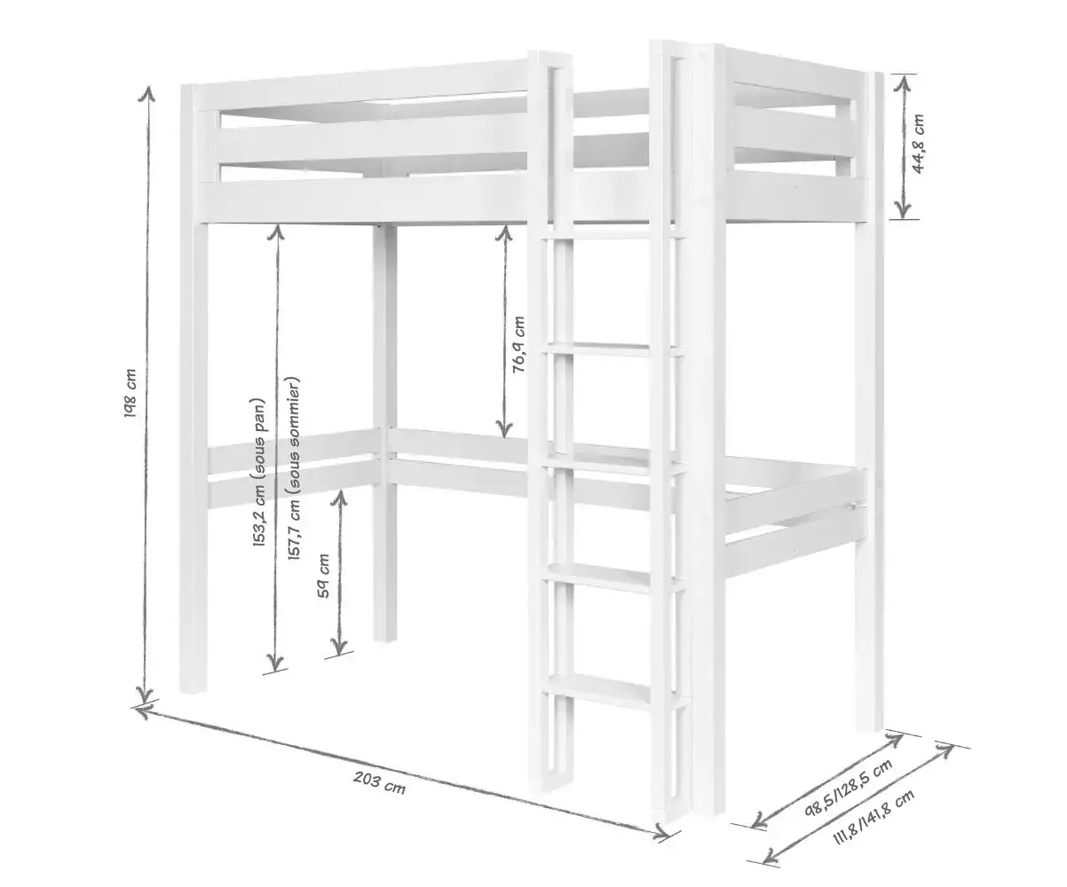 Dimensions lit mezzanine Adam 120x190 cm - échelle grand côté Dimensions lit mezzanine Adam 120x190 cm - échelle grand côté
