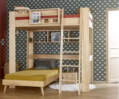 Lit mezzanine échelle Paros bois naturel avec lit Euphor en option