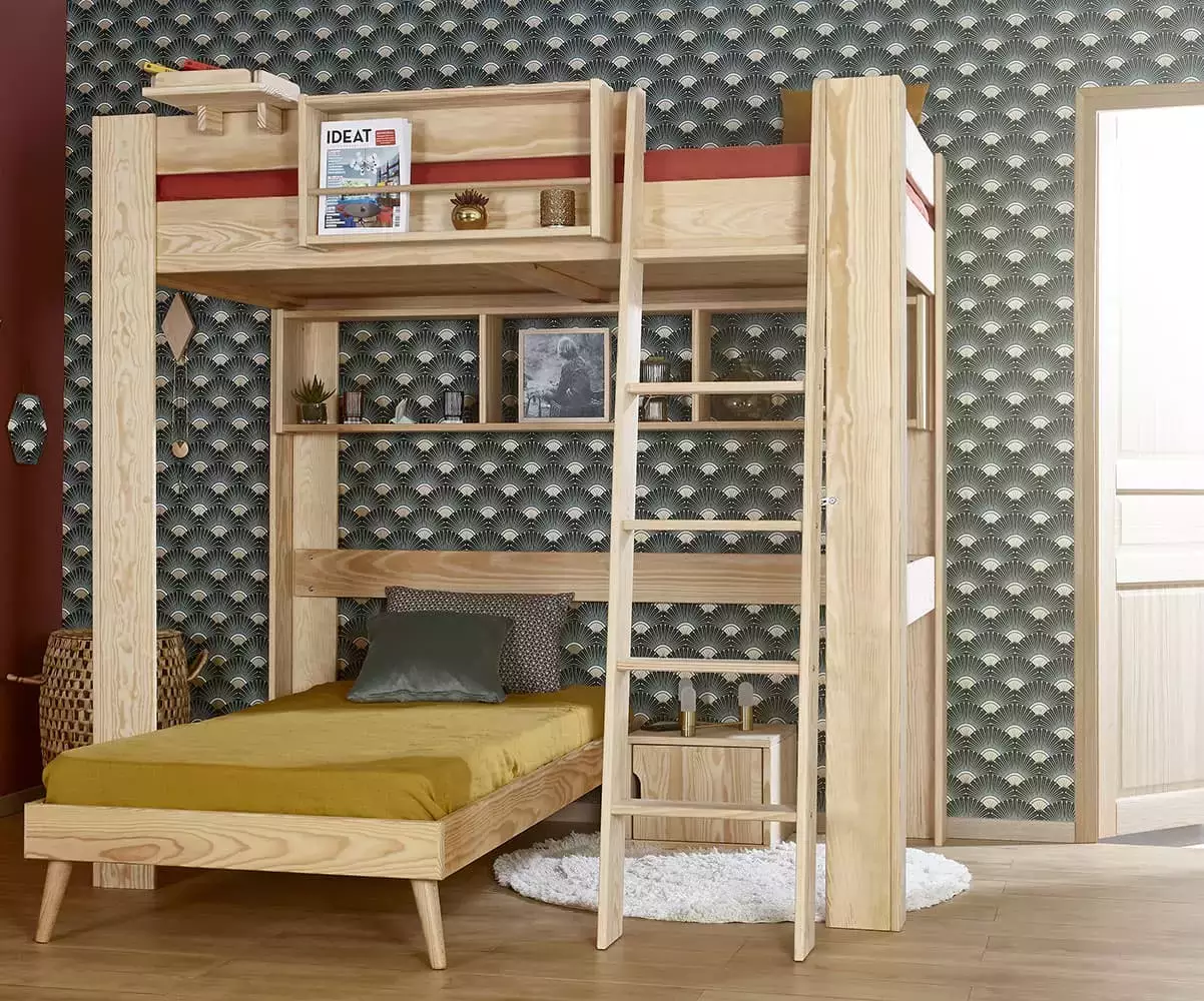 Lit mezzanine échelle Paros bois naturel avec lit Euphor en option Lit mezzanine échelle Paros bois naturel avec lit Euphor en option