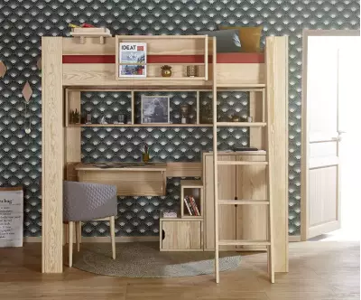 Lit mezzanine échelle Paros bois naturel avec accessoires Kirk