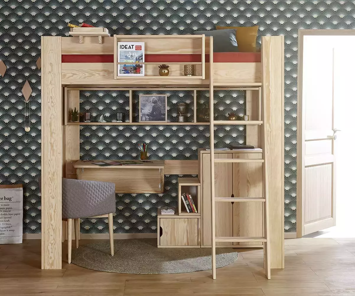 Lit mezzanine échelle Paros bois naturel avec accessoires Kirk Lit mezzanine échelle Paros bois naturel avec accessoires Kirk