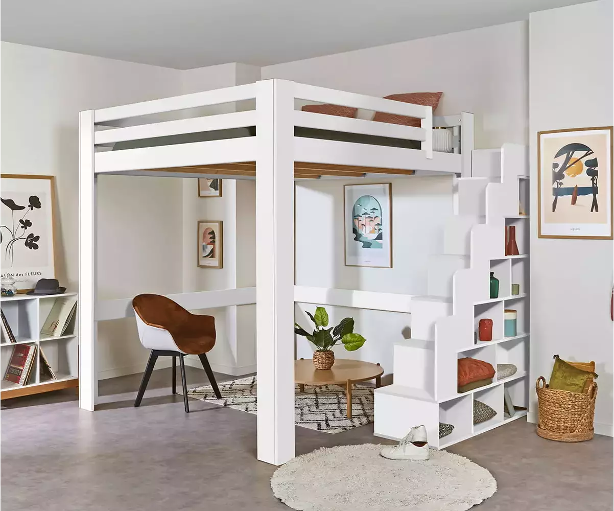 Lit mezzanine blanc 200x200 avec escalier réversible Lit mezzanine blanc 200x200 avec escalier réversible