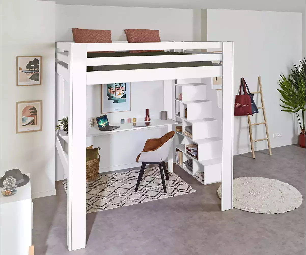 Lit mezzanine blanc 200x200 avec escalier. Bureau en option Lit mezzanine blanc 200x200 avec escalier. Bureau en option
