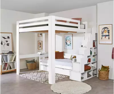 Lit mezzanine blanc avec banquette gigogne Nuage en option
