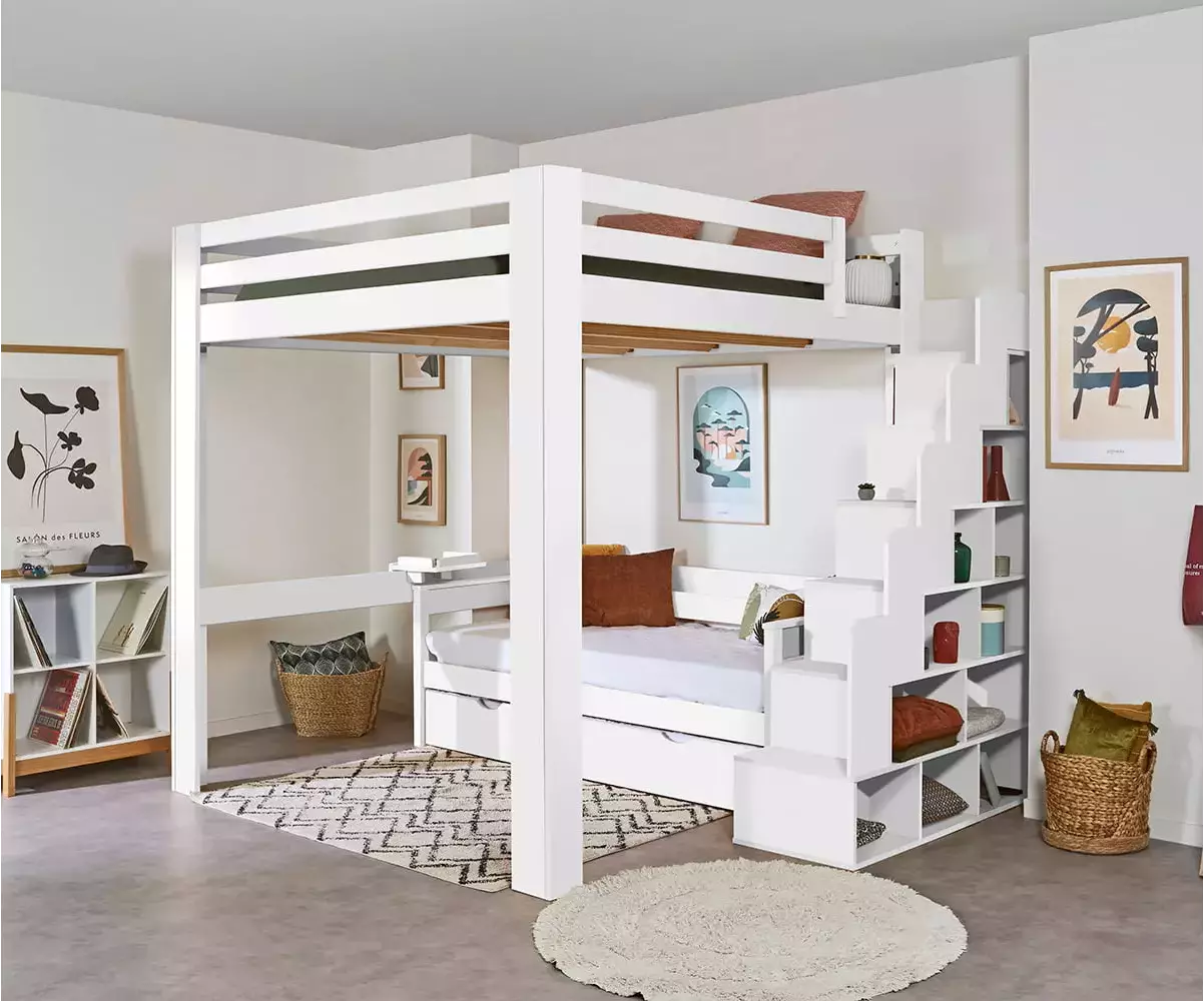 Lit mezzanine blanc avec banquette gigogne Nuage en option Lit mezzanine blanc avec banquette gigogne Nuage en option