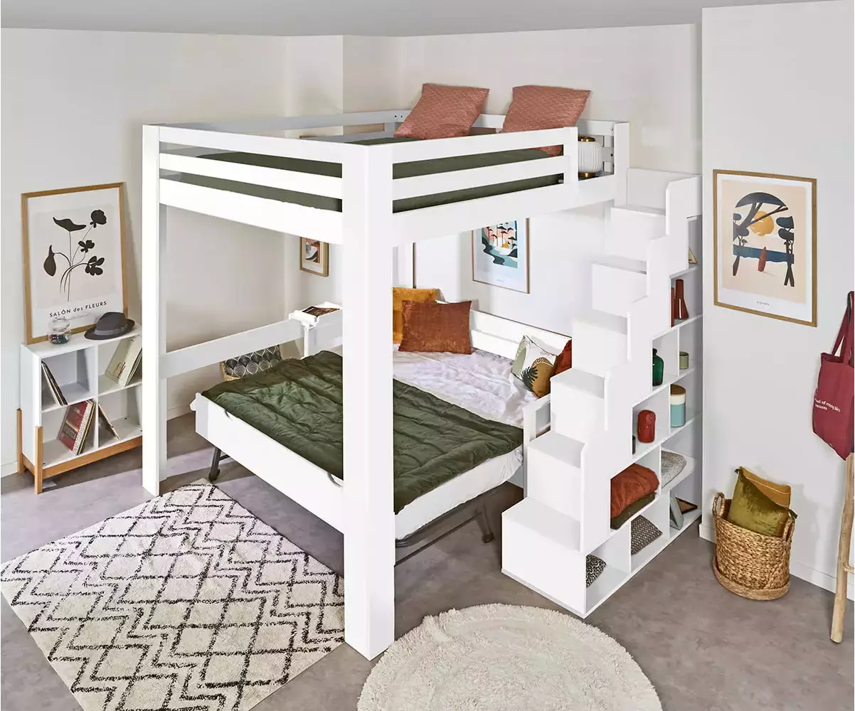 Lit mezzanine blanc avec banquette gigogne Nuage dépliée en option Lit mezzanine blanc avec banquette gigogne Nuage dépliée en option