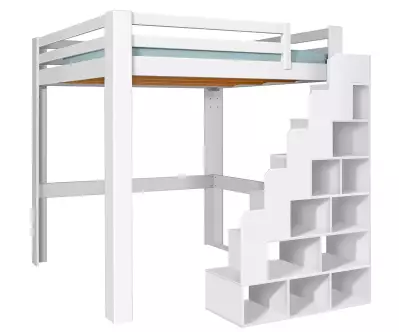 Lit mezzanine Palomar en blanc avec escalier à droite