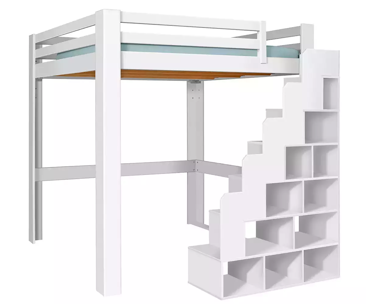 Lit mezzanine Palomar en blanc avec escalier à droite Lit mezzanine Palomar en blanc avec escalier à droite