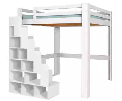 Lit mezzanine Palomar en blanc avec escalier à gauche