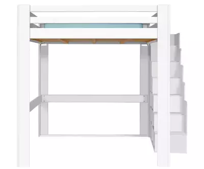 Lit mezzanine Palomar en blanc de face avec escalier à droite