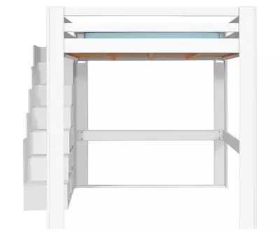 Lit mezzanine Palomar en blanc de face avec escalier à gauche
