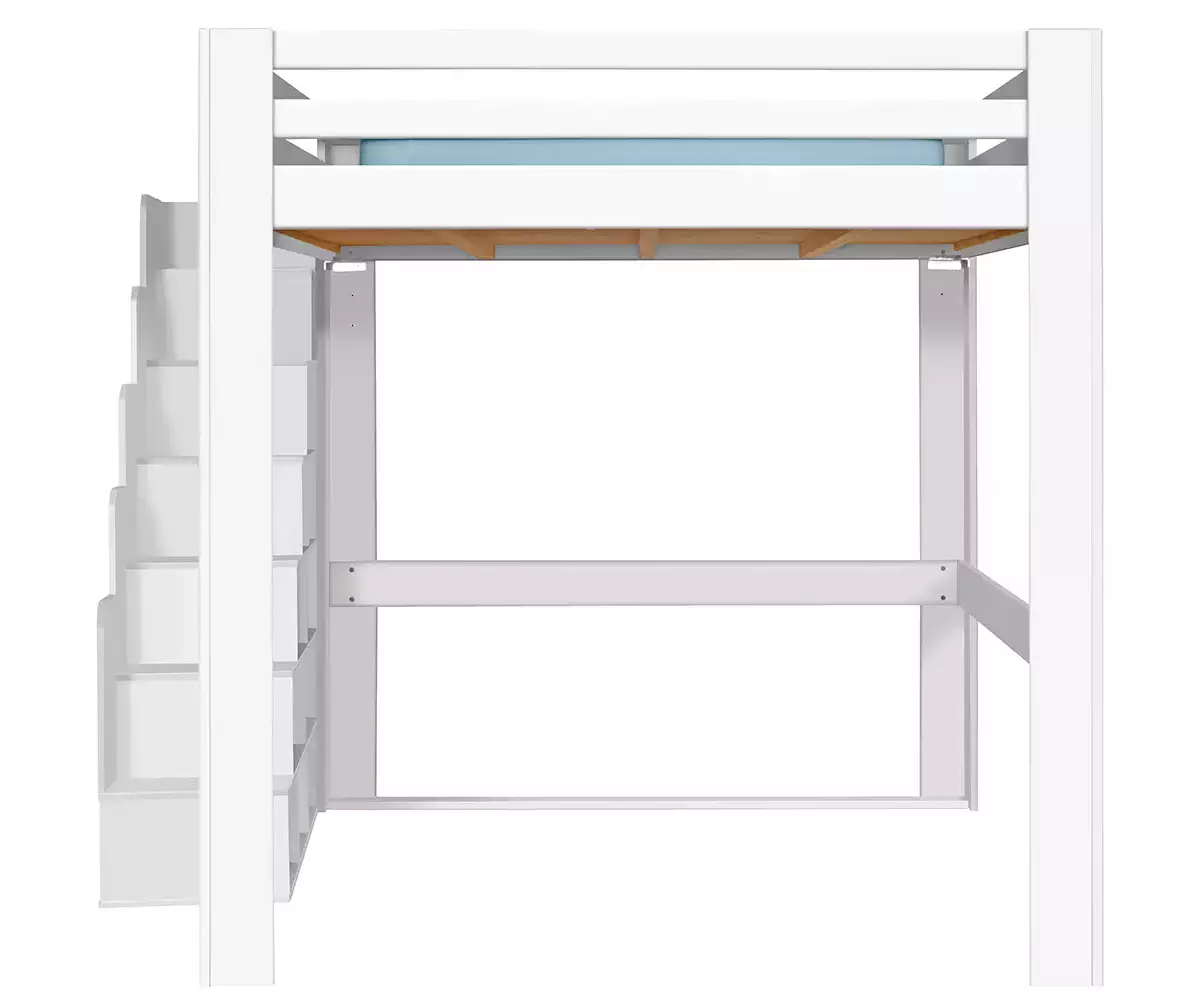 Lit mezzanine Palomar en blanc de face avec escalier à gauche Lit mezzanine Palomar en blanc de face avec escalier à gauche