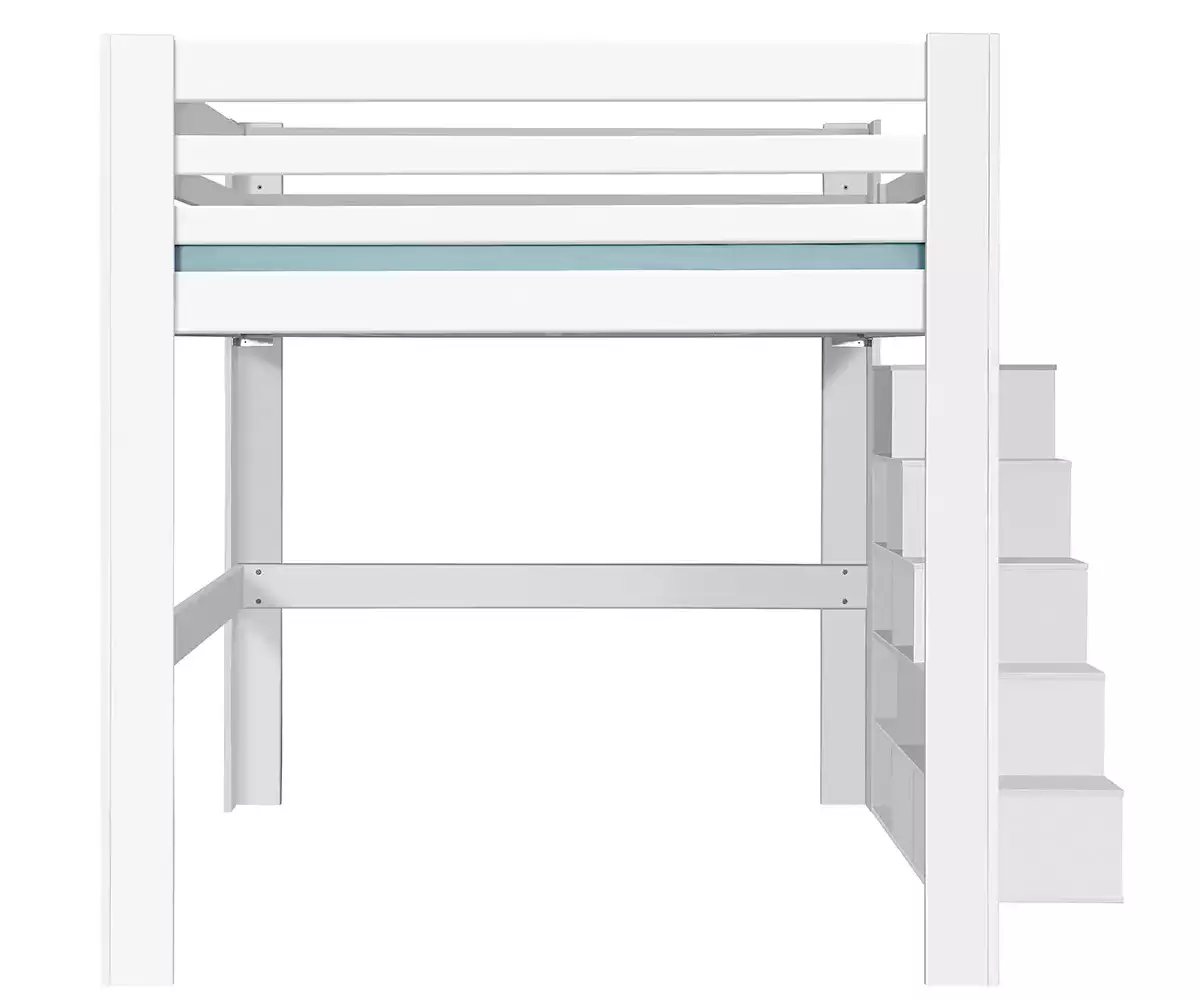 Lit mezzanine Palomar en blanc version basse de face avec escalier à droite avec garde corps en option Lit mezzanine Palomar en blanc version basse de face avec escalier à droite avec garde corps en option