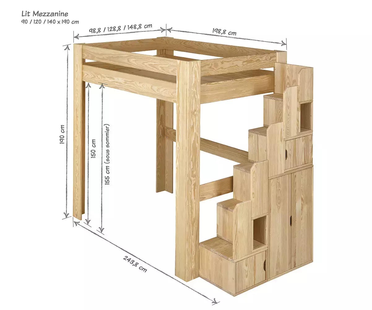 Dimensions lit mezzanine 2 places Paros bois naturel Dimensions lit mezzanine 2 places Paros bois naturel