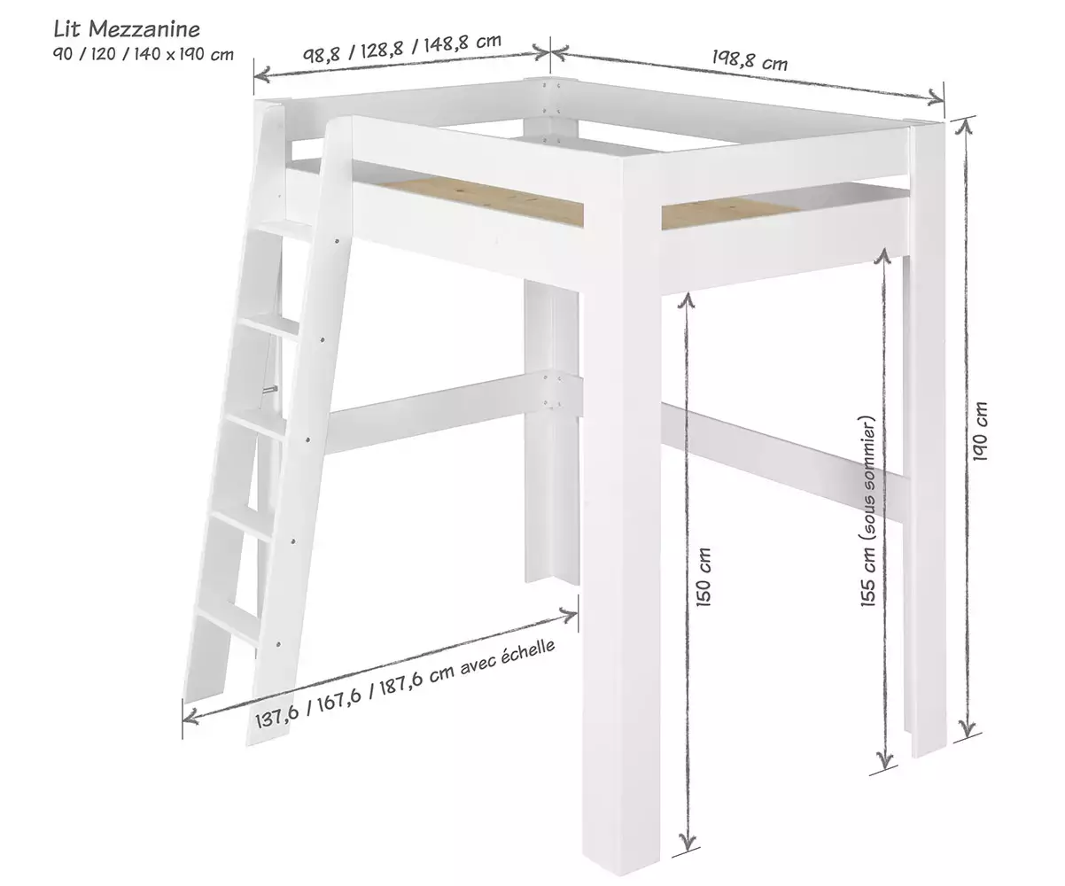 Dimensions lit mezzanine 2 places Paros blanc et bois Dimensions lit mezzanine 2 places Paros blanc et bois