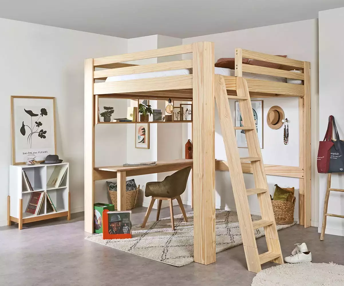 Lit mezzanine Palomar avec bureau inclus couleur bois Lit mezzanine Palomar avec bureau inclus couleur bois