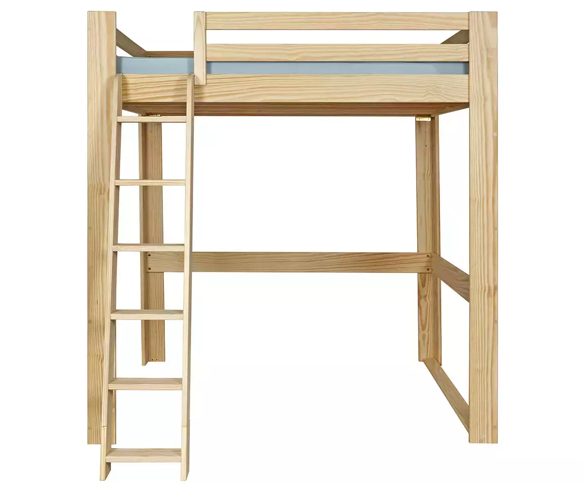 Lit mezzanine bois 200x200 de face avec échelle à gauche Lit mezzanine bois 200x200 de face avec échelle à gauche
