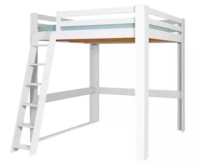 Lit mezzanine blanc 200x200 avec échelle à gauche