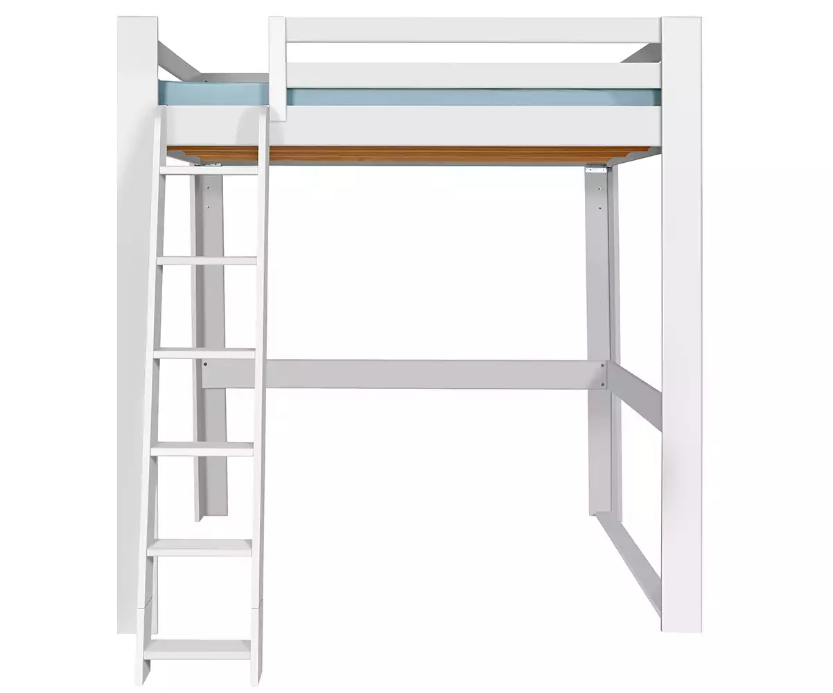 Lit mezzanine blanc 200x200 de face avec échelle à gauche Lit mezzanine blanc 200x200 de face avec échelle à gauche