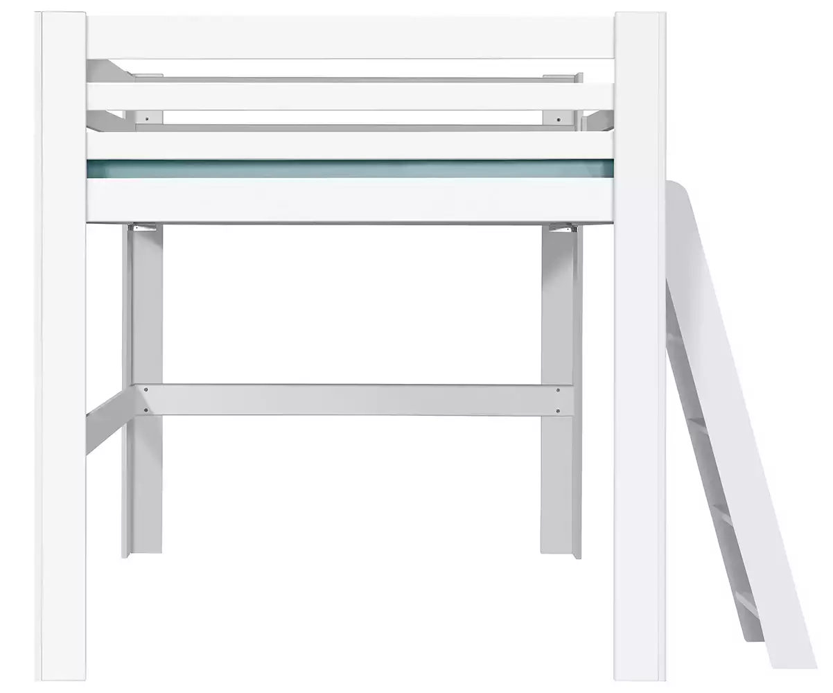 Lit mezzanine blanc 200x200 de côté avec échelle à droite garde corps en option Lit mezzanine blanc 200x200 de côté avec échelle à droite garde corps en option